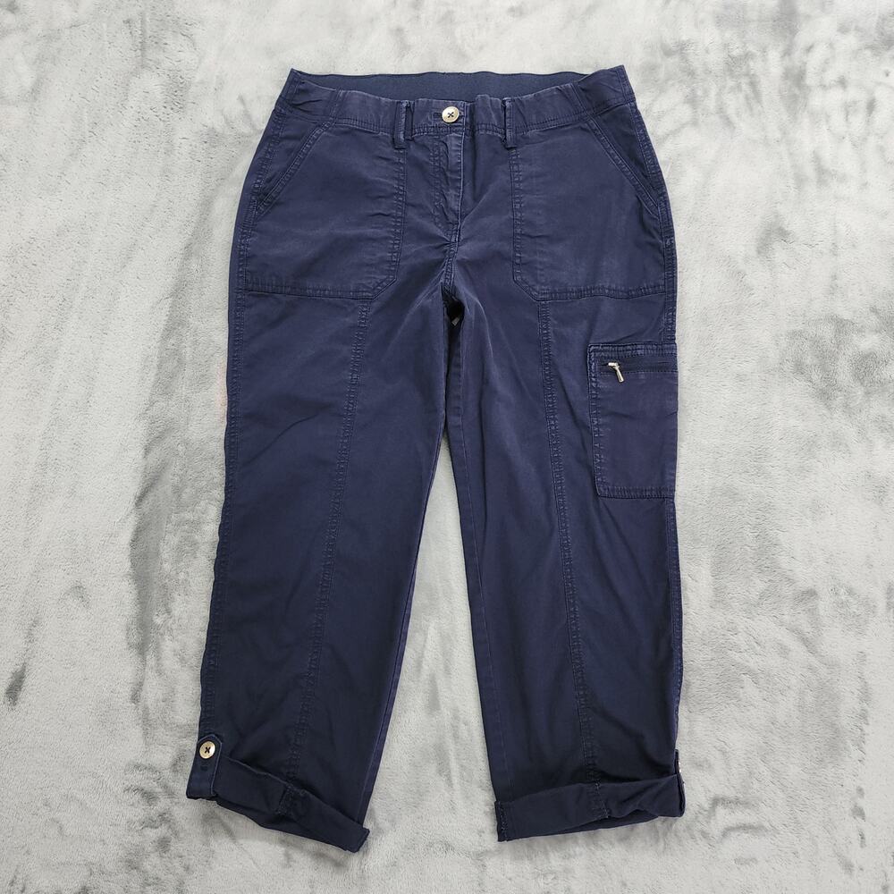 Chico's Pants Womens 0‎ 2/S Blue Flex Waist Cotton Canvas Cargo Roll Tab Capri